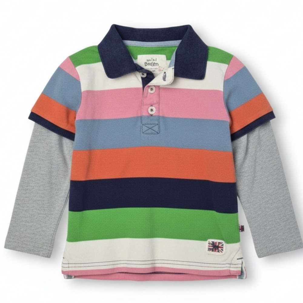 Mini Boden Boys Striped Long Sleeve Polo Shirt Size 3-4Y